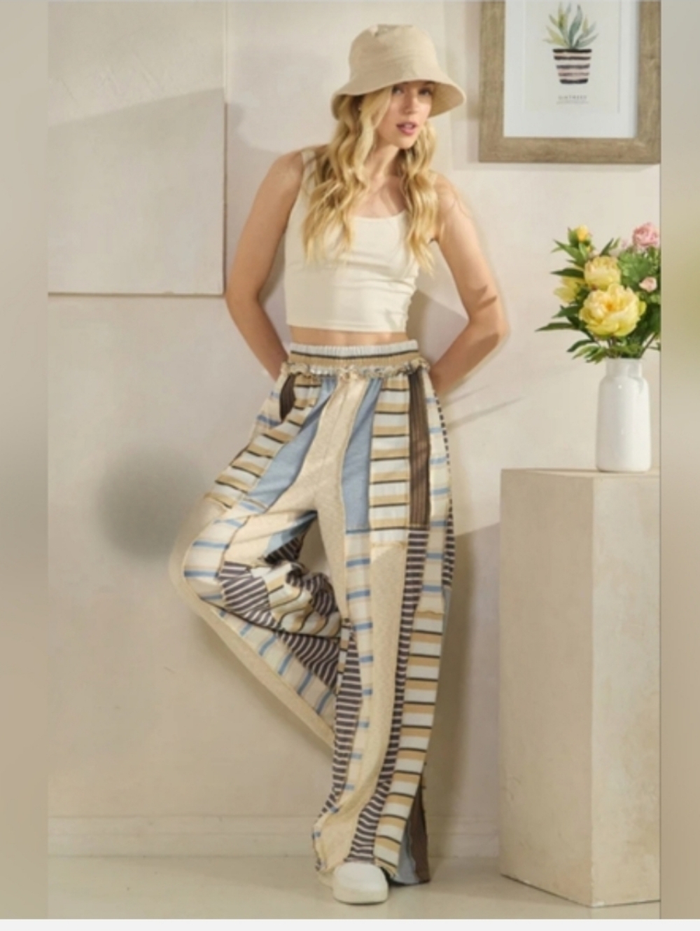 370 Oli & Hali Blue, Cream, Brown Striped Patchwork Wide-Leg Pants